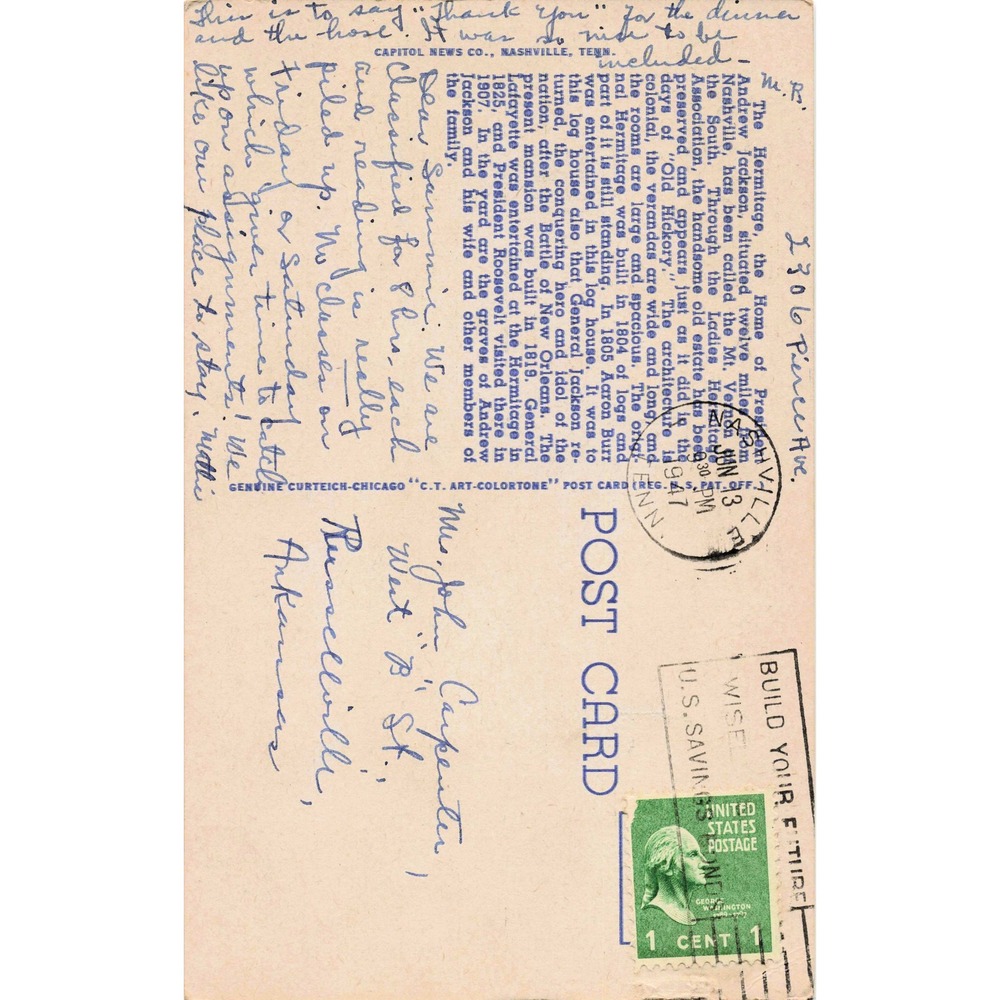 The Hermitage Andrew Jackson Nashville TN Linen Postcard 1947 Curt Teich - Picture 2 of 2